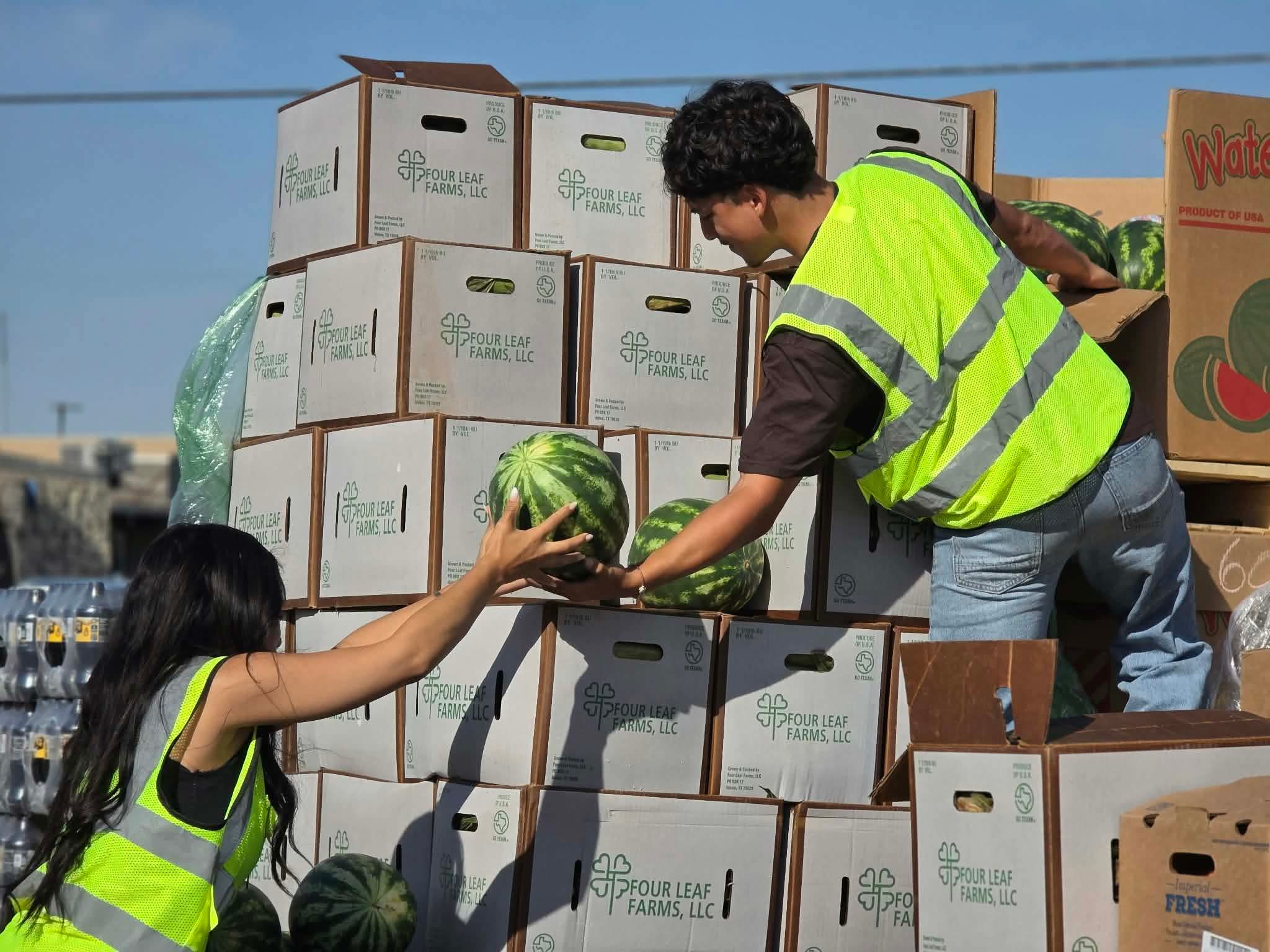 Volunteers unloading watermelons for the food drive