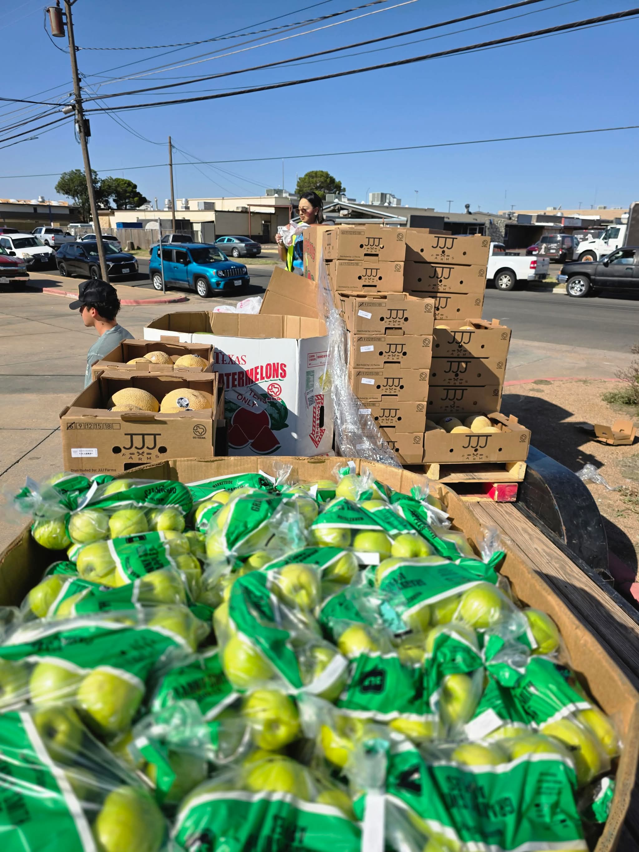 Boxes of watermelons, cantaloupes, and fresh fruit staged for distribution